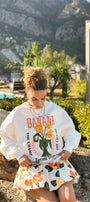 Kadın Oversize Sweatshirt Banana Tropical Baskılı Beyaz – Bisiklet Yaka, 3 İplik Şardonlu Polar