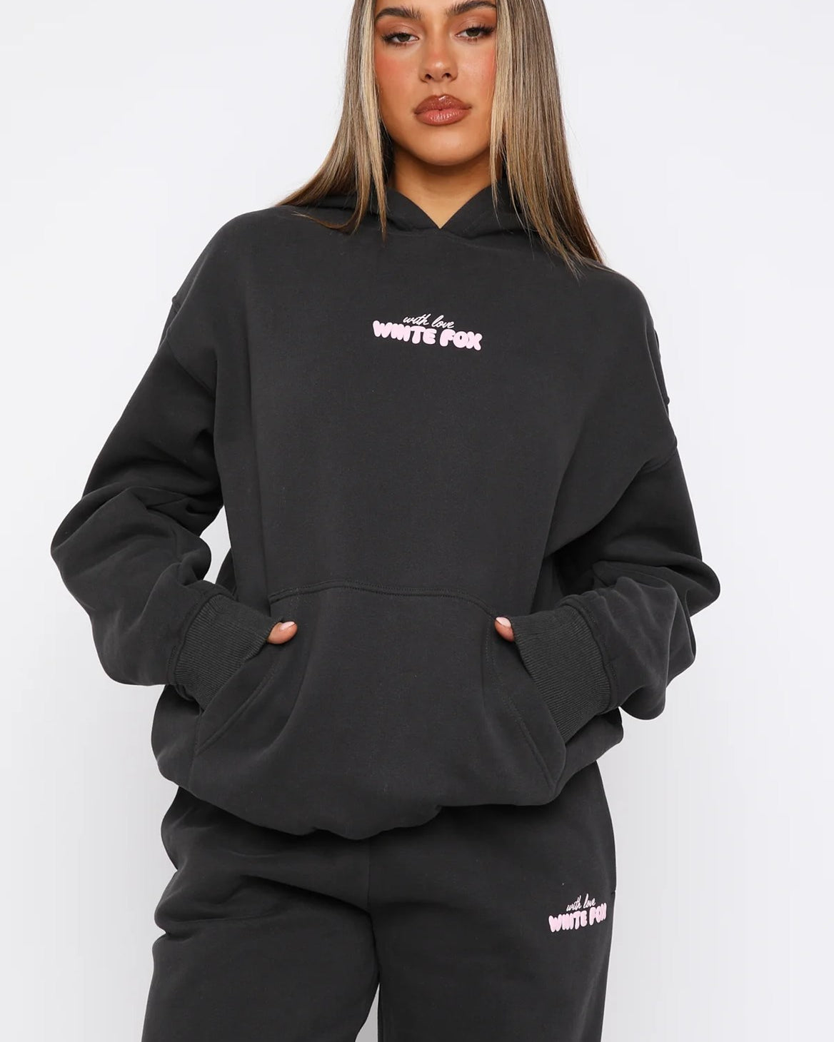 White Fox Kadın Füme With Love In The Moment Baskılı Kapüşonlu Kanguru Cepli Oversize Hoodie