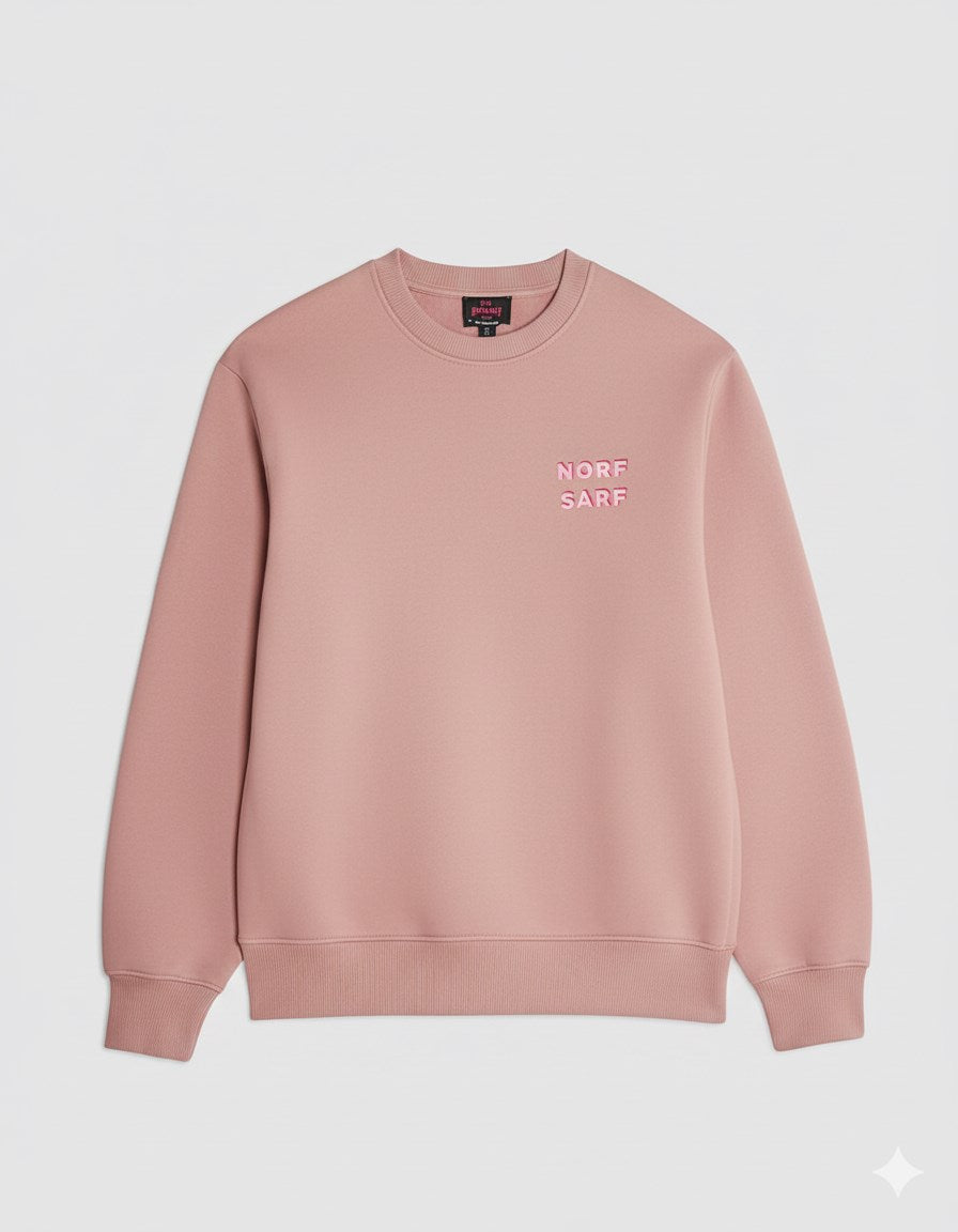 Unisex Oversize Sweatshirt Norf Sarf Harita Baskılı Pembe – Bisiklet Yaka, 3 İplik Şardonlu Polar
