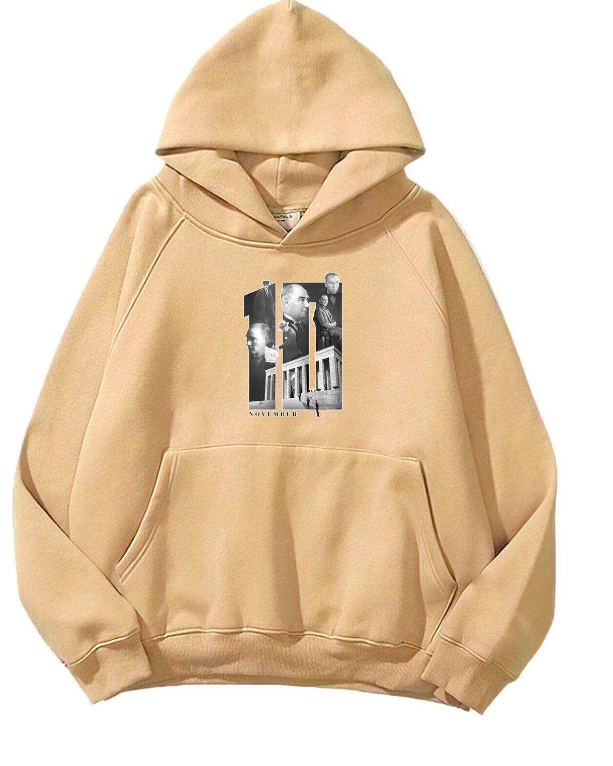 Kapüşonlu İçi Polar Kemal Atatürk 10 Kasım Baskılı Bej Unisex Hoodie Sweatshirt