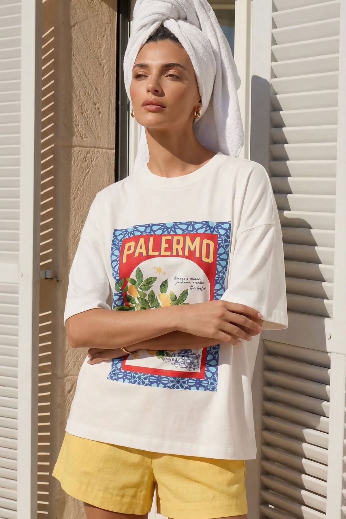Kadın Oversize Tişört Palermo Lemon Baskılı Beyaz – Bisiklet Yaka, Rahat Kalıp, %100 Pamuk
