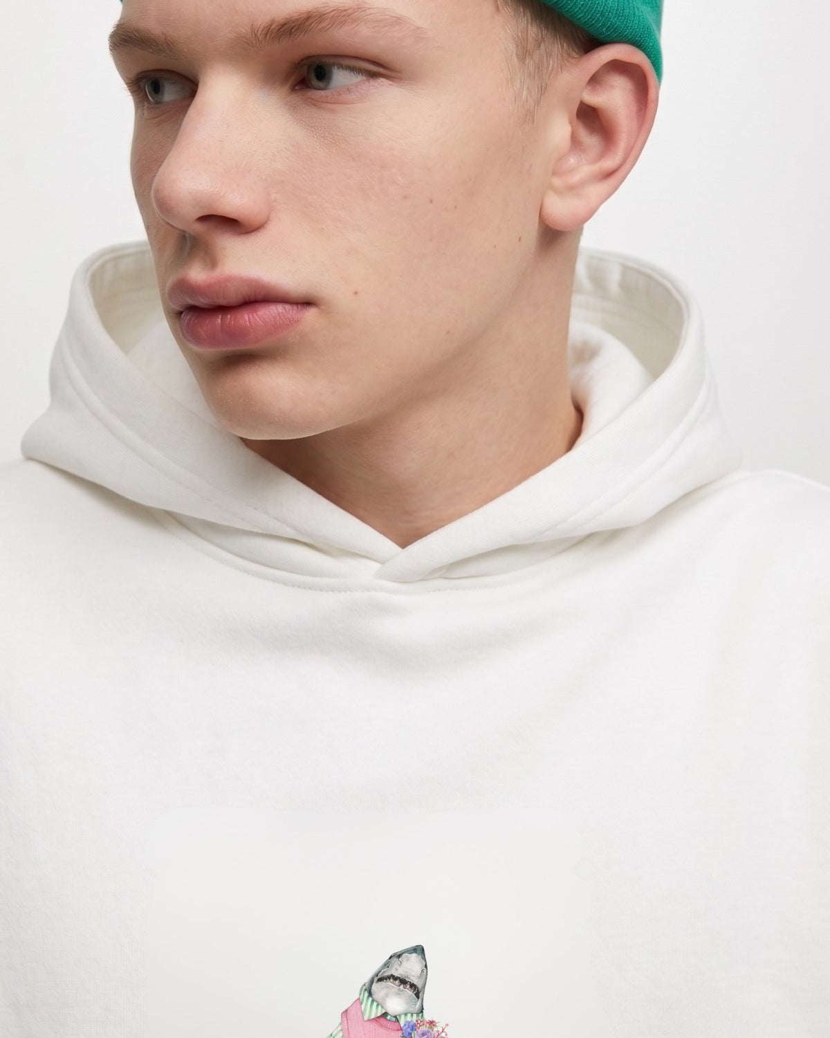 Erkek Oversize Sweatshirt Hoodie Shark Hello Beyaz – Kapüşonlu, 3 İplik Polar, Kanguru Cepli