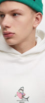 Erkek Oversize Sweatshirt Hoodie Shark Hello Beyaz – Kapüşonlu, 3 İplik Polar, Kanguru Cepli