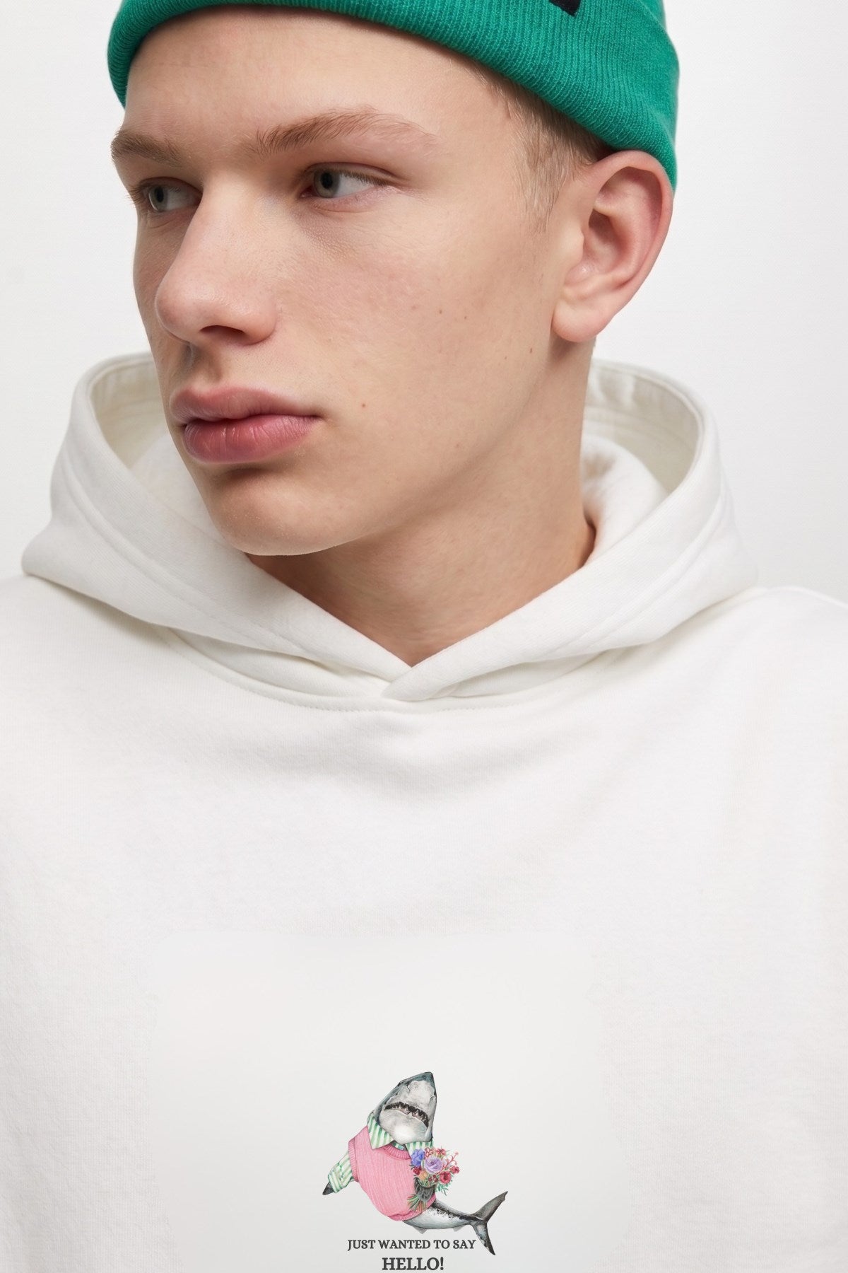 Erkek Oversize Sweatshirt Hoodie Shark Hello Beyaz – Kapüşonlu, 3 İplik Polar, Kanguru Cepli