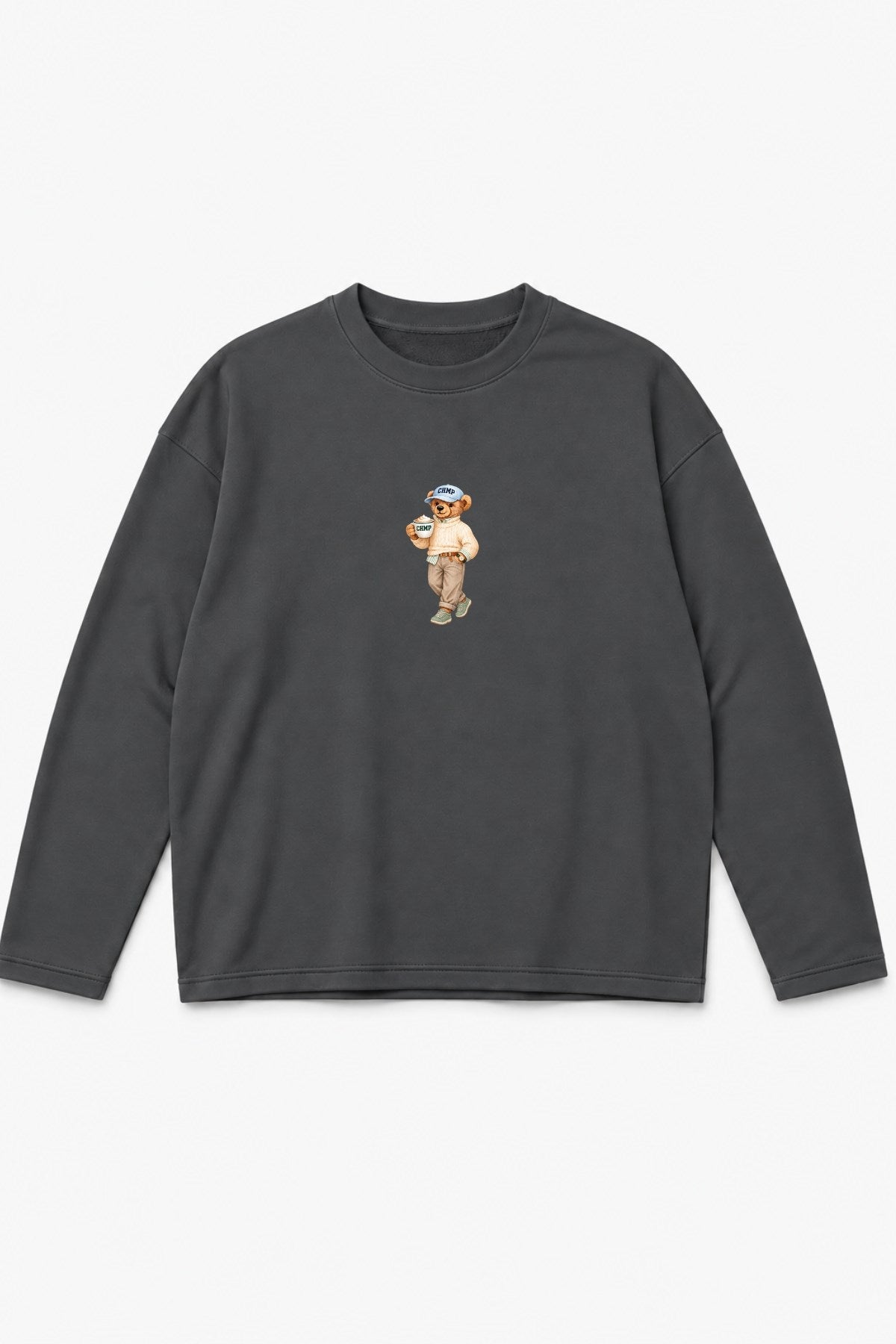 Kadın Relaxed Fit Sweatshirt Coffee Bear Baskılı Füme – Bisiklet Yaka, 3 İplik Şardonsuz, Düşük Omuz