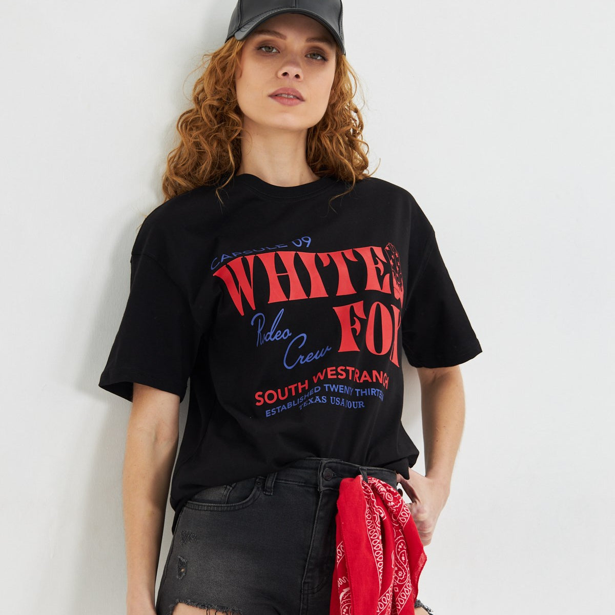 White Fox Beyaz Kadın Capsule 09 Rodeo Crew Yazılı Bisiklet Yaka T-shirt