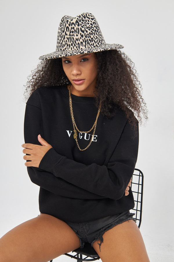 Vogue Yazı Baskılı Bisiklet Yaka İçi Polar Oversize Kesim Unisex Siyah Sweatshirt