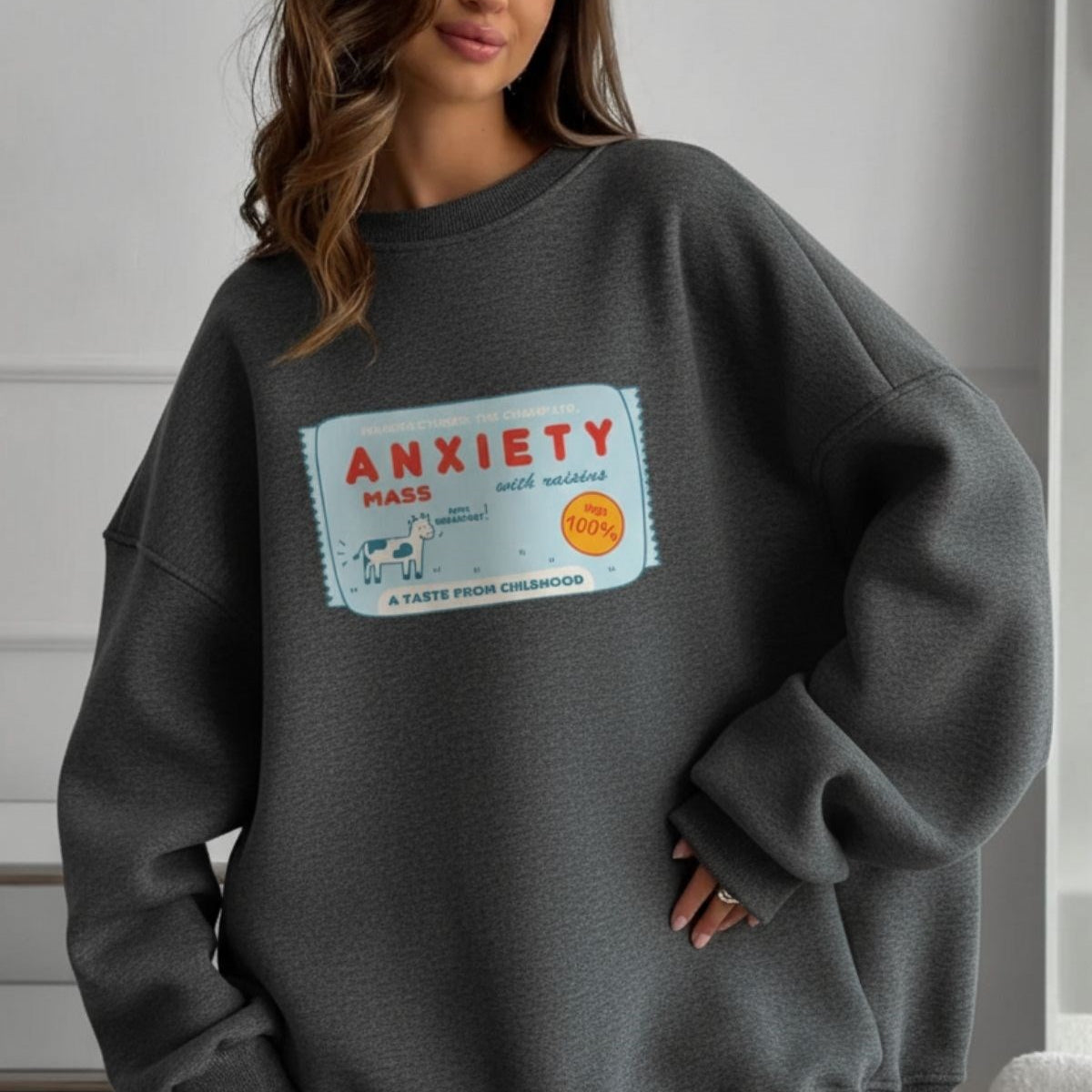 Kadın Oversize Sweatshirt Elbise Anxiety Bar Baskılı Füme Melanj– Bisiklet Yaka, 3 İplik Polar