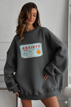 Kadın Oversize Sweatshirt Elbise Anxiety Bar Baskılı Füme Melanj– Bisiklet Yaka, 3 İplik Polar