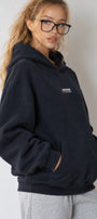 Kadın Oversize Hoodie Amore Baskılı Lacivert – Kapüşonlu, Kanguru Cepli, 3 İplik Şardonlu Polar
