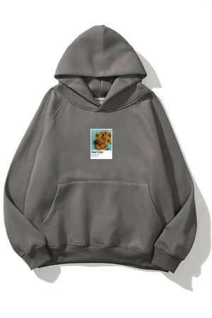 Kapüşonlu İçi Polar Sunflowers Baskılı Füme Unisex Oversize Hoodie Sweatshirt