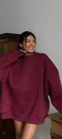 Kadın Oversize Sweatshirt Elbise Basic Bordo – Bisiklet Yaka, 3 İplik Şardonlu Polar