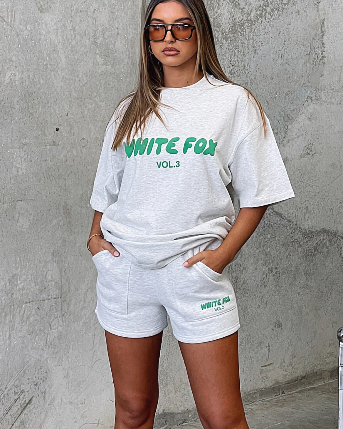 White Fox Kadın Gri Melanj  Vol 3 Yazılı Offstage Şort Tişört Alt Üst Takım