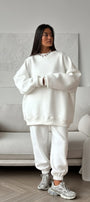 Kadın Oversize Sweat Elbise Eşofman Takımı Basic Beyaz – Bisiklet Yaka, Lastikli Paça, 3 İplik Polar