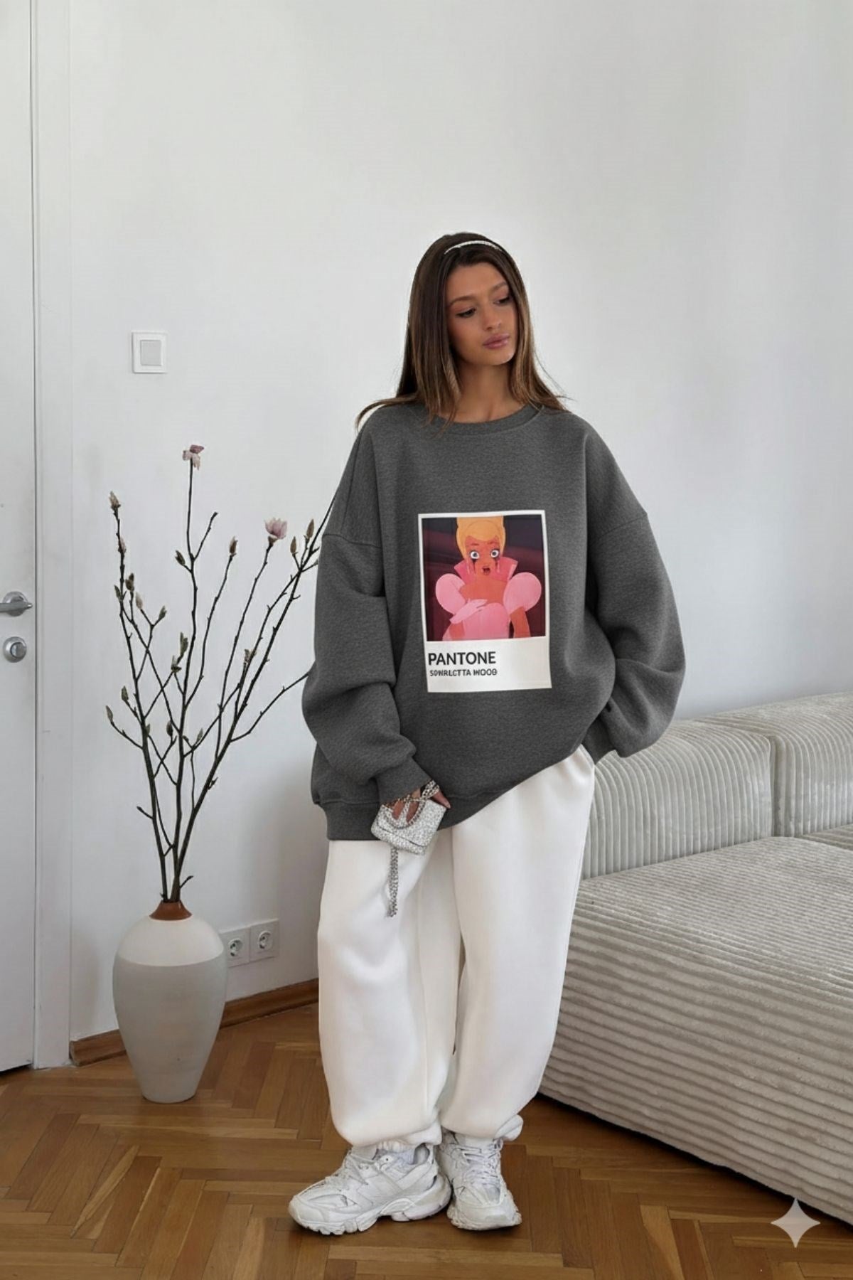 Kadın Oversize Sweat Elbise Füme Melanj - 3 İplik Şardonlu, Bisiklet Yaka, Pantone - prenses baskılı