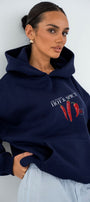 Kadın Oversize Sweatshirt Hoodie Hot & Spicy Baskılı Lacivert – Kapüşonlu, 3 İplik Şardonlu Polar