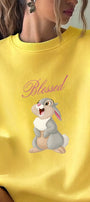 Kadın Oversize Sweatshirt Elbise Blessed Bunny Baskılı Sarı – Bisiklet Yaka, 3 İplik Şardonlu Polar