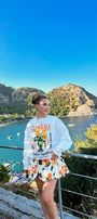 Kadın Oversize Sweatshirt Banana Tropical Baskılı Beyaz – Bisiklet Yaka, 3 İplik Şardonlu Polar