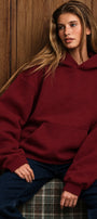 Kadın Oversize Hoodie Cry First Baskılı Bordo – Kapüşonlu, Kanguru Cepli, 3 İplik Şardonlu Polar