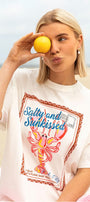 Kadın Oversize Tişört Salty&Sunkissed Baskılı Beyaz – Bisiklet Yaka, %100 Pamuk Compact Süprem 24/1