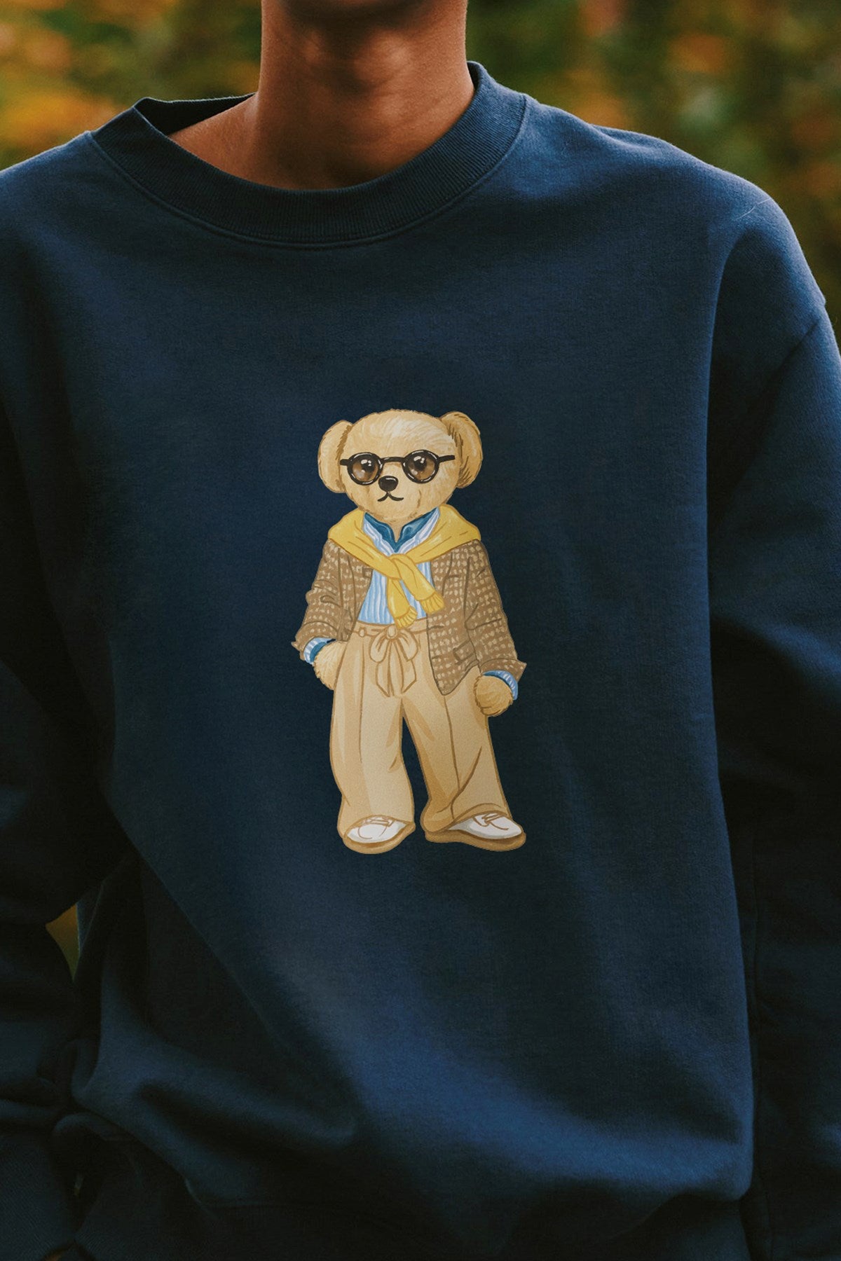 Kadın Oversize Sweatshirt Gentleman Bear Baskılı Lacivert – Bisiklet Yaka, 3 İplik Şardonlu