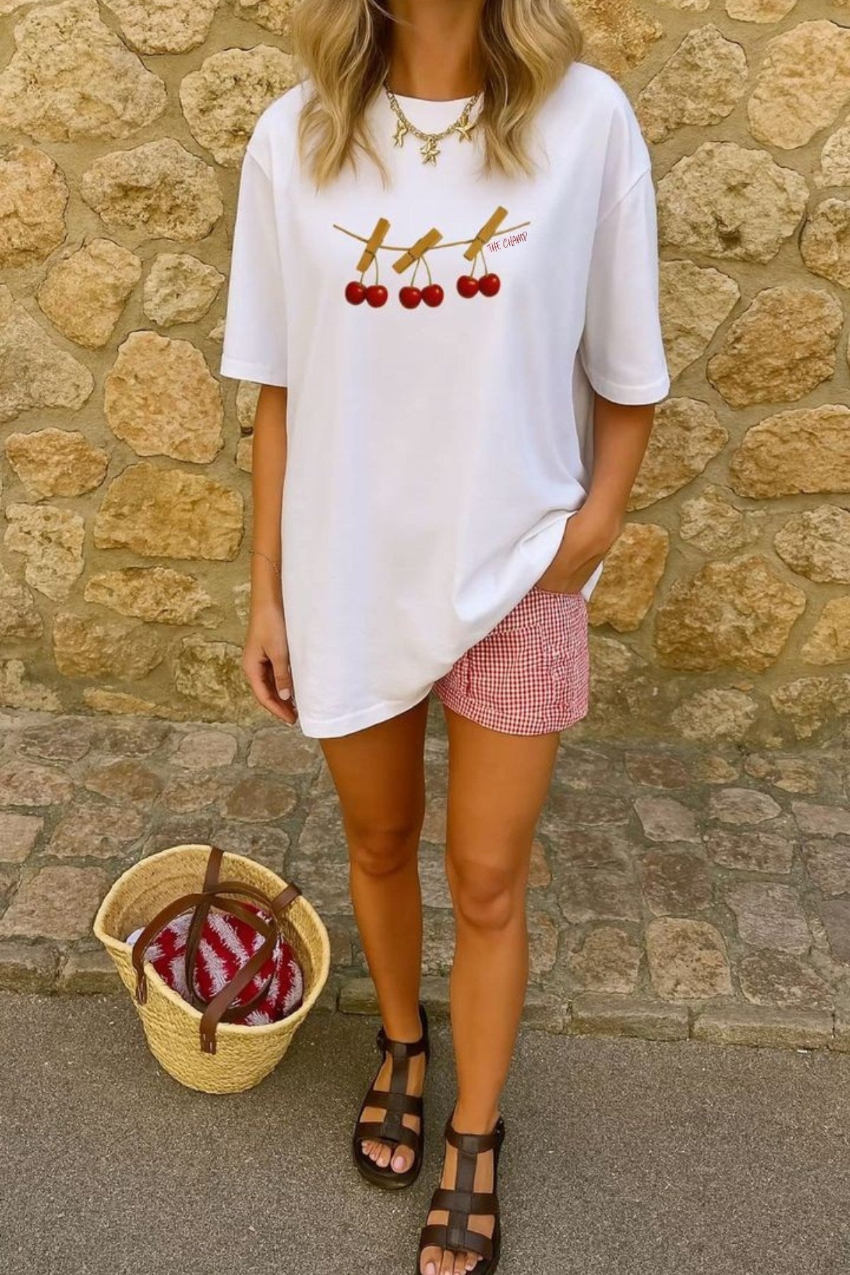 Kadın Oversize Tişört Cherry Mood Baskılı Beyaz – Bisiklet Yaka, Rahat Kalıp, %100 Pamuk