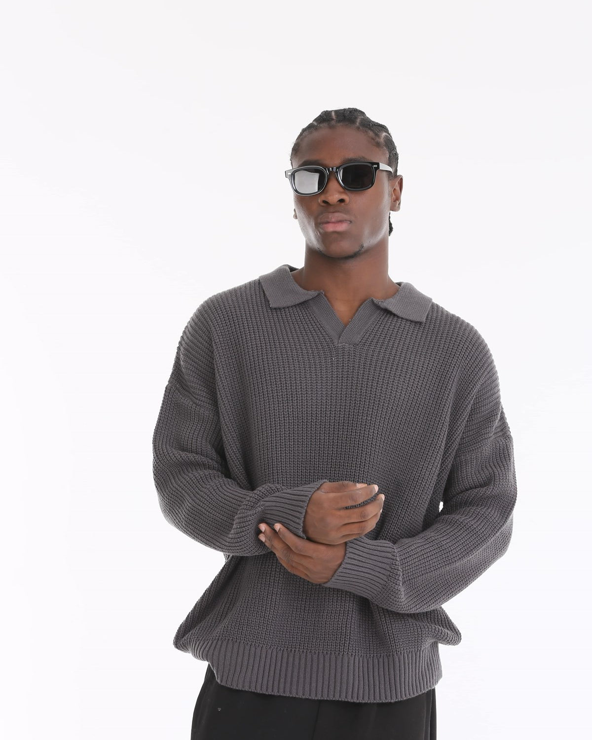 Polo Yaka Örme Triko Fitilli Füme Oversize Erkek Kazak