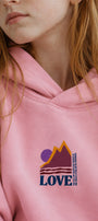 Kız Çocuk Oversize Hoodie Love Mount Baskılı Pembe – Kapüşonlu, Cepli, 3 İplik Polar