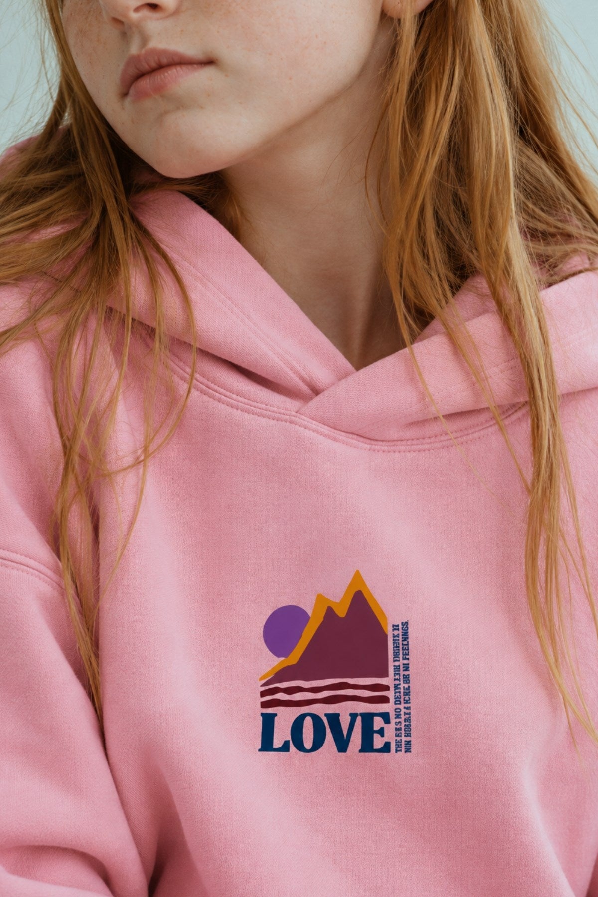 Kız Çocuk Oversize Hoodie Love Mount Baskılı Pembe – Kapüşonlu, Cepli, 3 İplik Polar