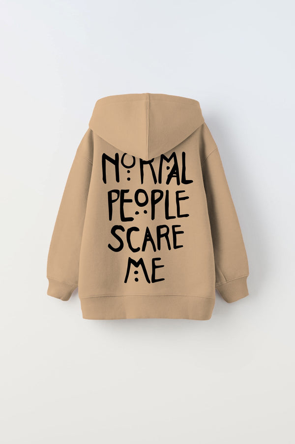 Kapüşonlu İçi Polar Normal People Scare Me Baskılı Bej Unisex Çocuk Hoodie Sweatshirt