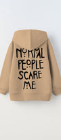 Kapüşonlu İçi Polar Normal People Scare Me Baskılı Bej Unisex Çocuk Hoodie Sweatshirt