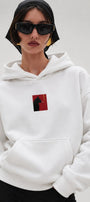 Kadın Oversize Hoodie Noir Cat Baskılı Beyaz – Kapüşonlu, Kanguru Cepli, 3 İplik Şardonlu Polar