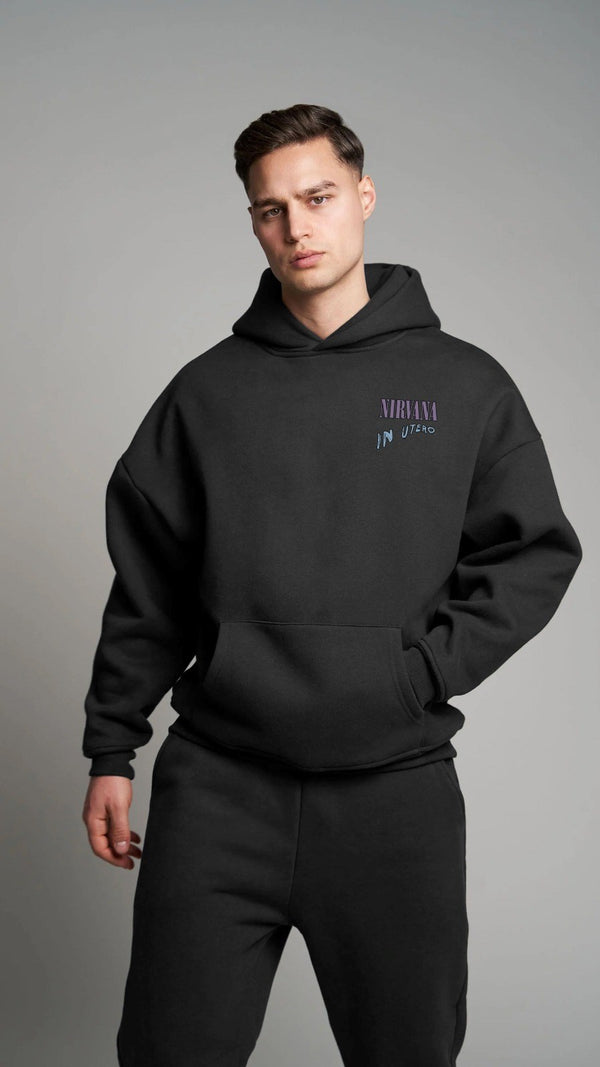 Siyah Kapüşonlu İçi Polar Nirvana İn Utero Baskılı Unisex Hoodie Sweatshirt