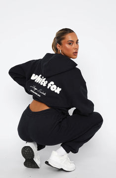 White Fox Siyah  Kadın Era 8 Lounge Essentials Yazılı Kapüşonlu Oversize Hoodie