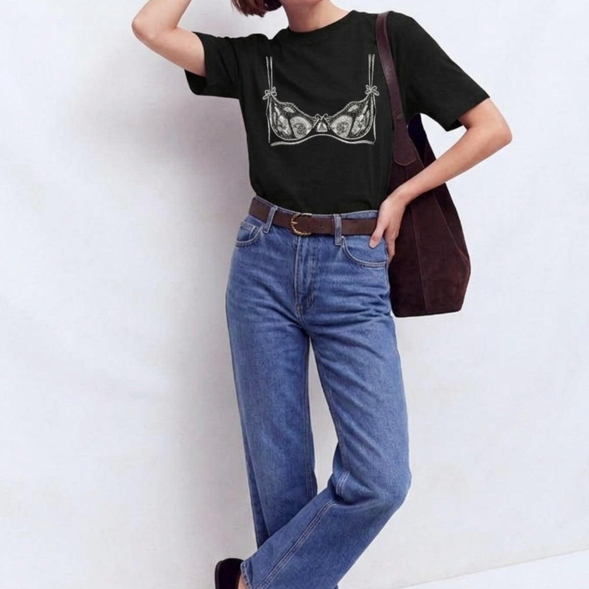 Kadın Double Oversize Lingerie Sketch Blue Baskılı Siyah – Bisiklet Yaka, Rahat Kalıp, %100 Pamuk