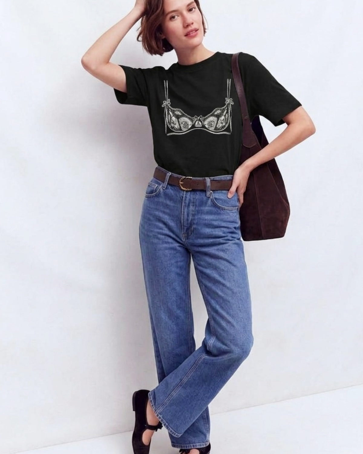 Kadın Double Oversize Lingerie Sketch Blue Baskılı Siyah – Bisiklet Yaka, Rahat Kalıp, %100 Pamuk