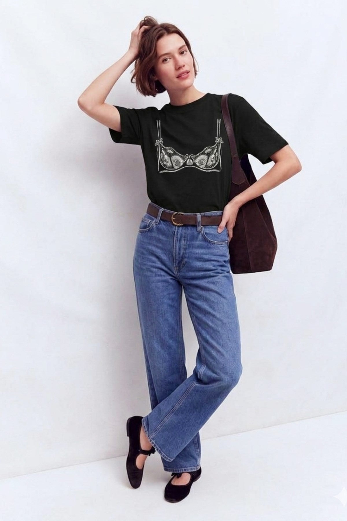 Kadın Double Oversize Lingerie Sketch Blue Baskılı Siyah – Bisiklet Yaka, Rahat Kalıp, %100 Pamuk