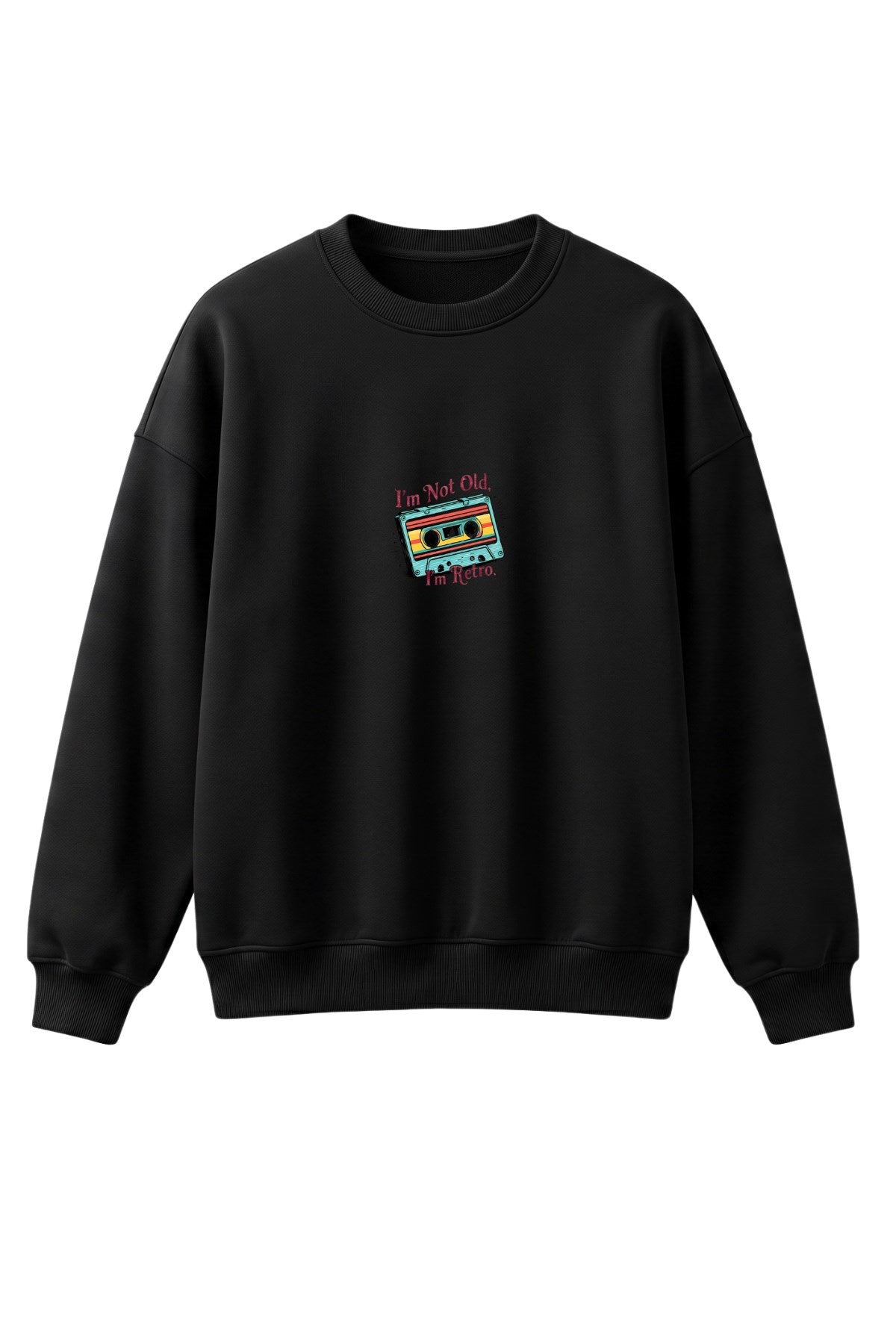Kadın Oversize Sweatshirt Retro Kaset Baskılı Siyah – Bisiklet Yaka, 3 İplik Şardonlu Polar