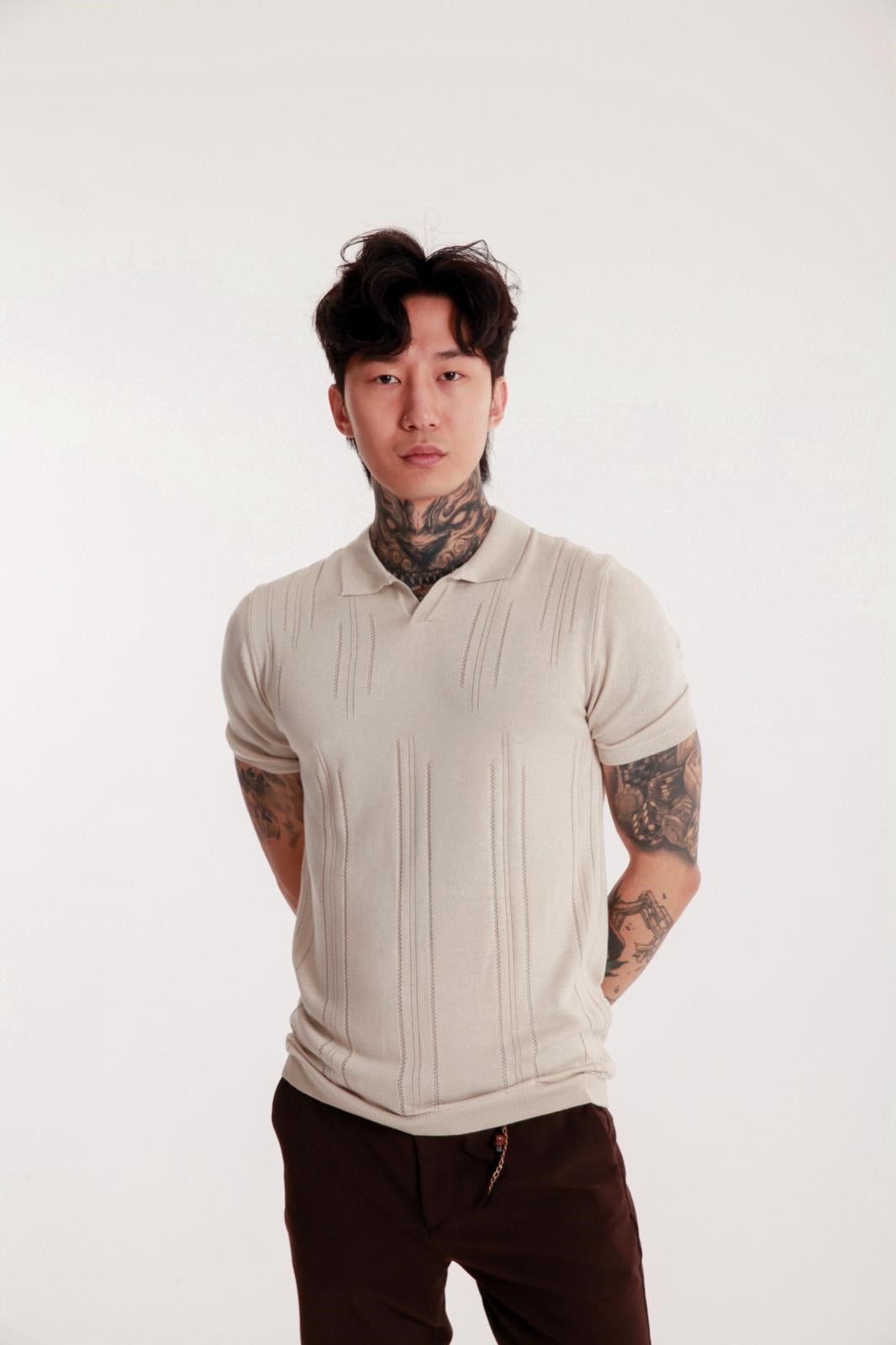 Erkek Bej Polo Yaka Triko Tişört – Kısa Kollu, Yazlık Modern Slim Fit Örgü Model