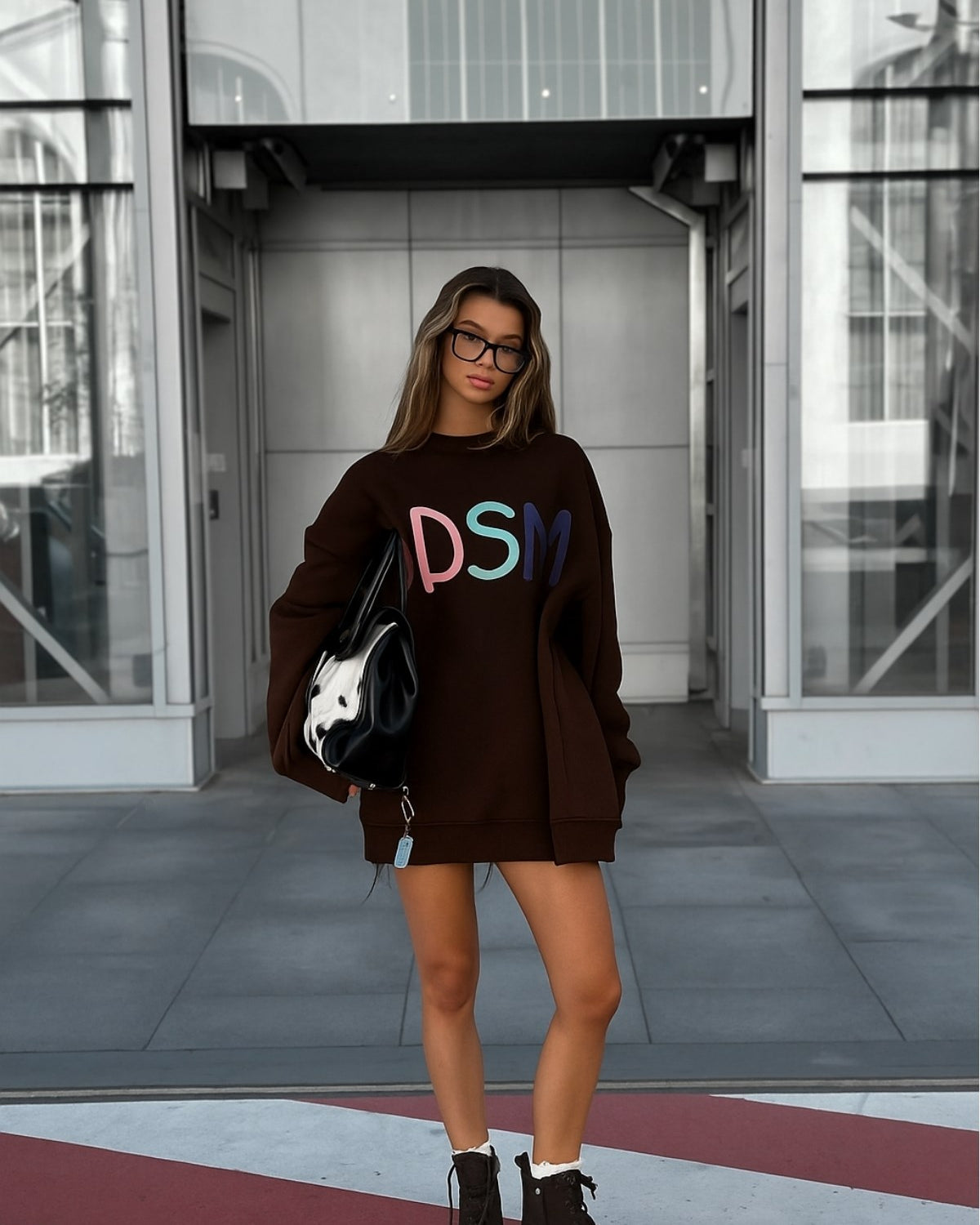 Kadın Oversize Sweatshirt Elbise Color Pop Baskılı Kahverengi – Bisiklet Yaka,3 İplik Şardonlu Polar