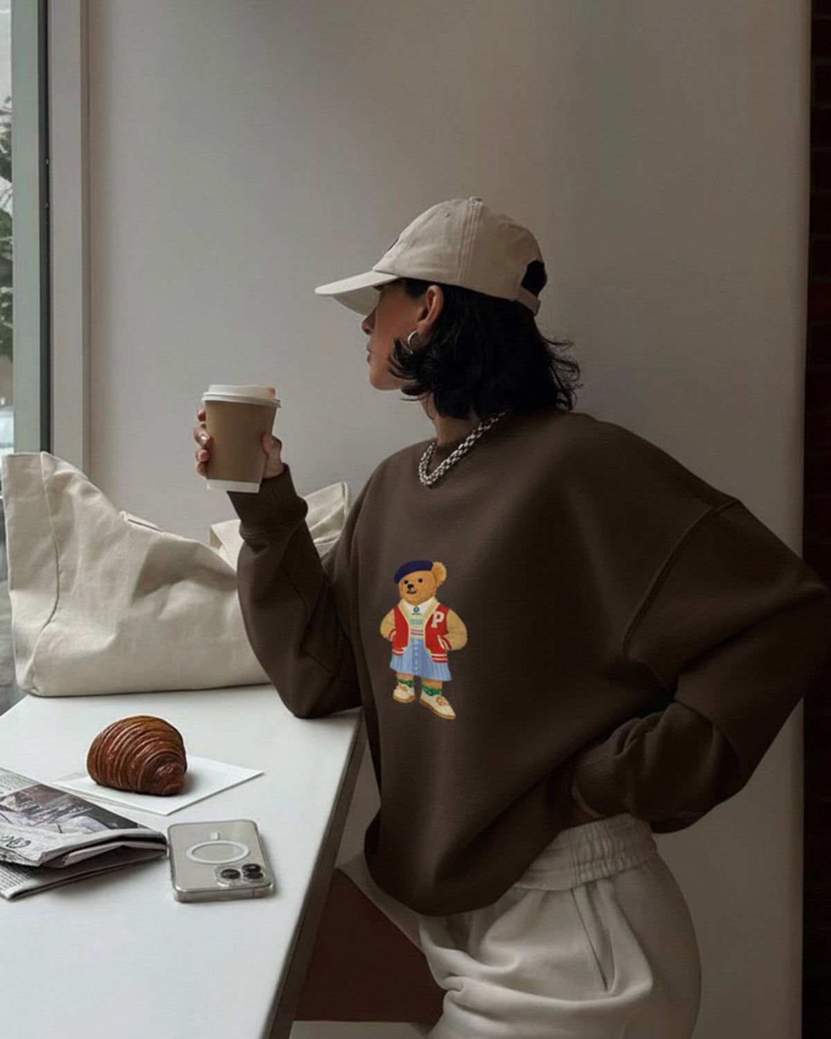 Kadın Oversize Sweatshirt Campus Bear Baskılı Kahverengi – Bisiklet Yaka, 3 İplik Şardonlu Polar