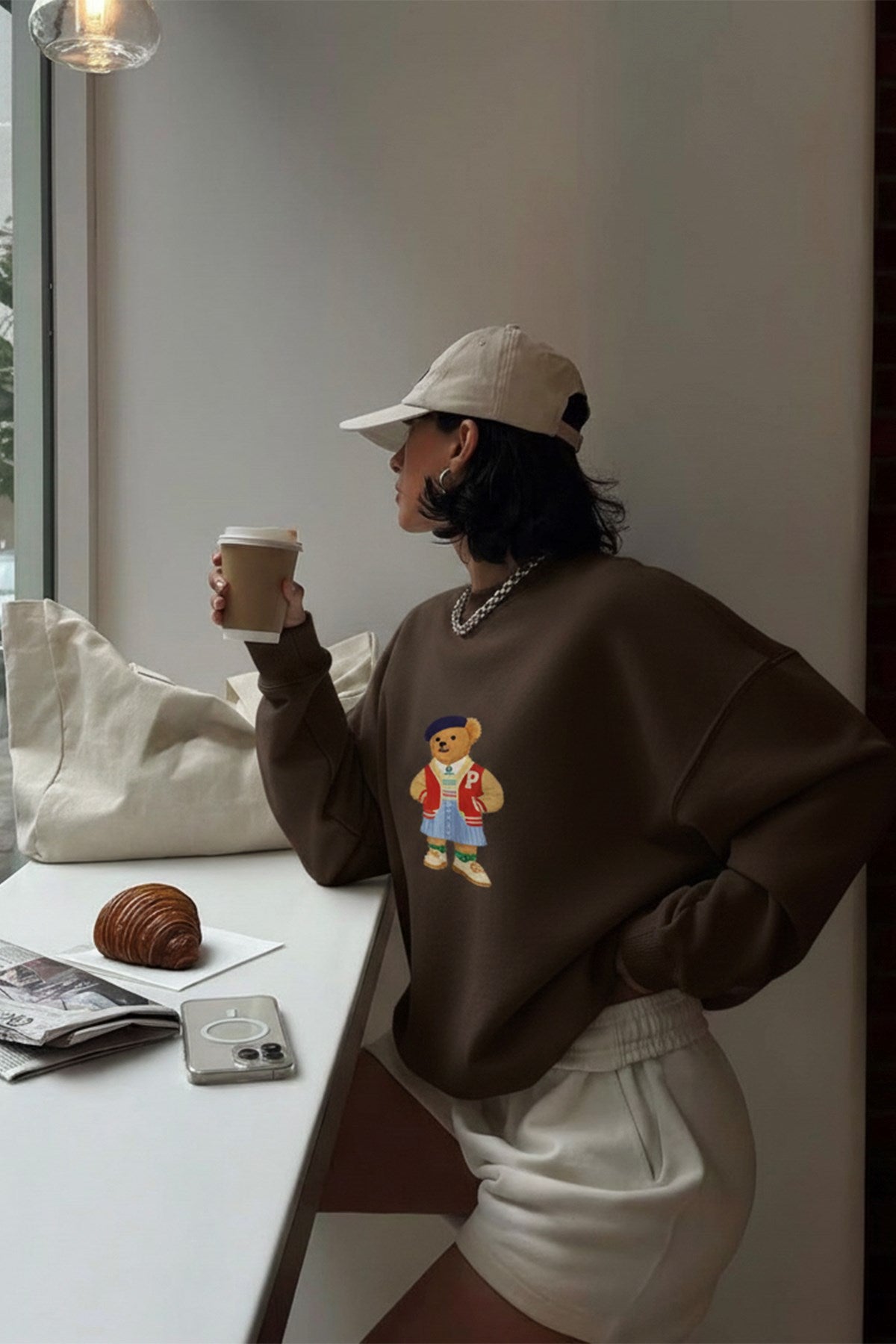 Kadın Oversize Sweatshirt Campus Bear Baskılı Kahverengi – Bisiklet Yaka, 3 İplik Şardonlu Polar
