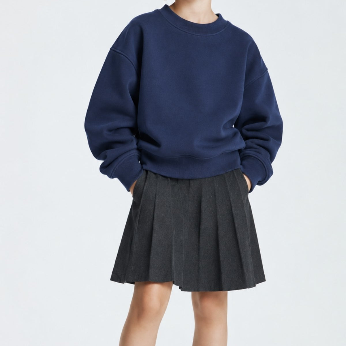 Kız Çocuk Oversize Sweatshirt Basic Lacivert – Bisiklet yaka, 3 iplik şardonlu polar