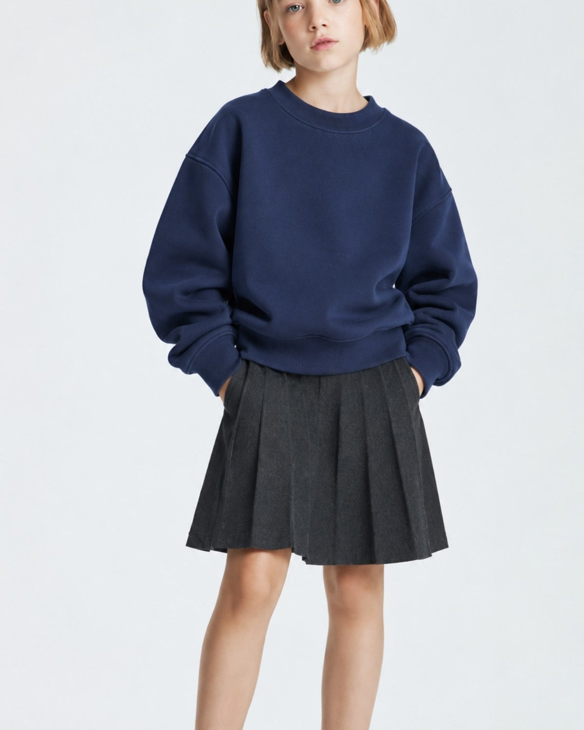 Kız Çocuk Oversize Sweatshirt Basic Lacivert – Bisiklet yaka, 3 iplik şardonlu polar