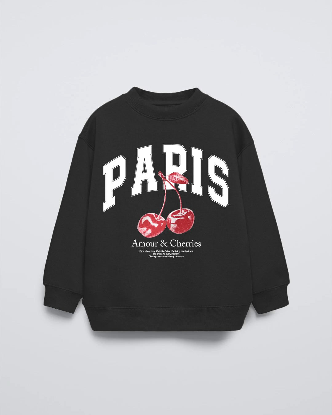 Siyah Bisiklet Yaka Paris Yazılı Cherries Baskılı Oversize Çocuk Sweatshirt