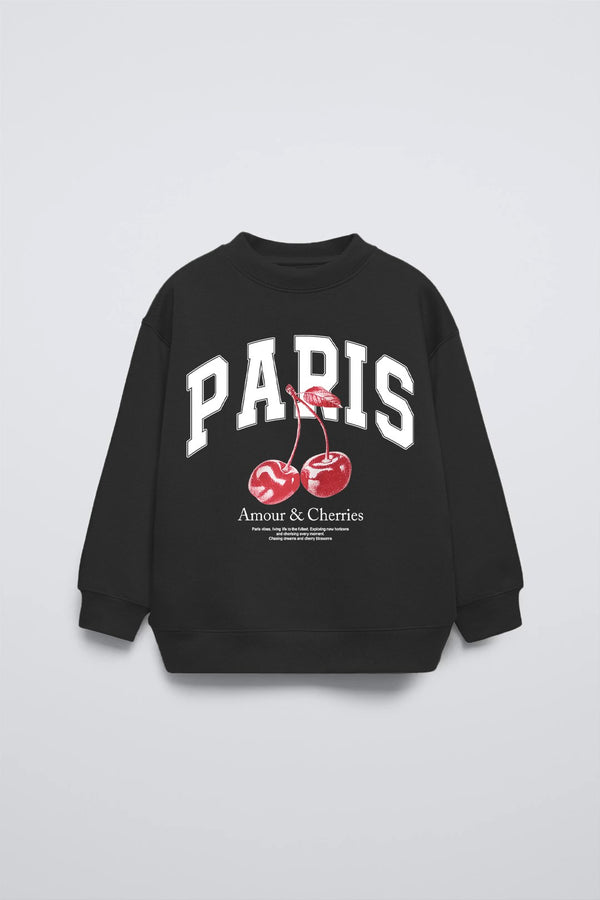 Siyah Bisiklet Yaka Paris Yazılı Cherries Baskılı Oversize Çocuk Sweatshirt