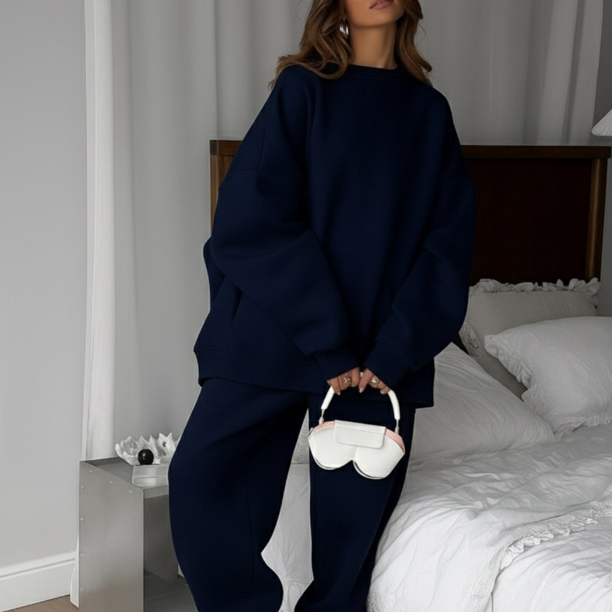 Kadın Oversize Sweat Elbise Eşofman Takımı Basic Lacivert – Bisiklet Yaka, Lastikli Paça, 3 İplik