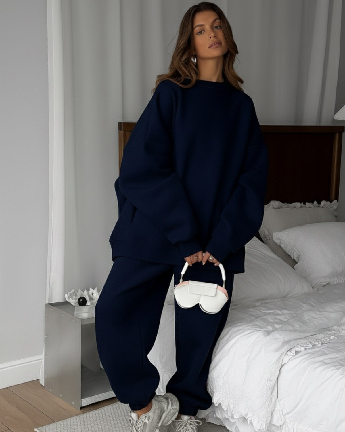 Kadın Oversize Sweat Elbise Eşofman Takımı Basic Lacivert – Bisiklet Yaka, Lastikli Paça, 3 İplik
