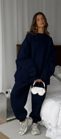 Kadın Oversize Sweat Elbise Eşofman Takımı Basic Lacivert – Bisiklet Yaka, Lastikli Paça, 3 İplik