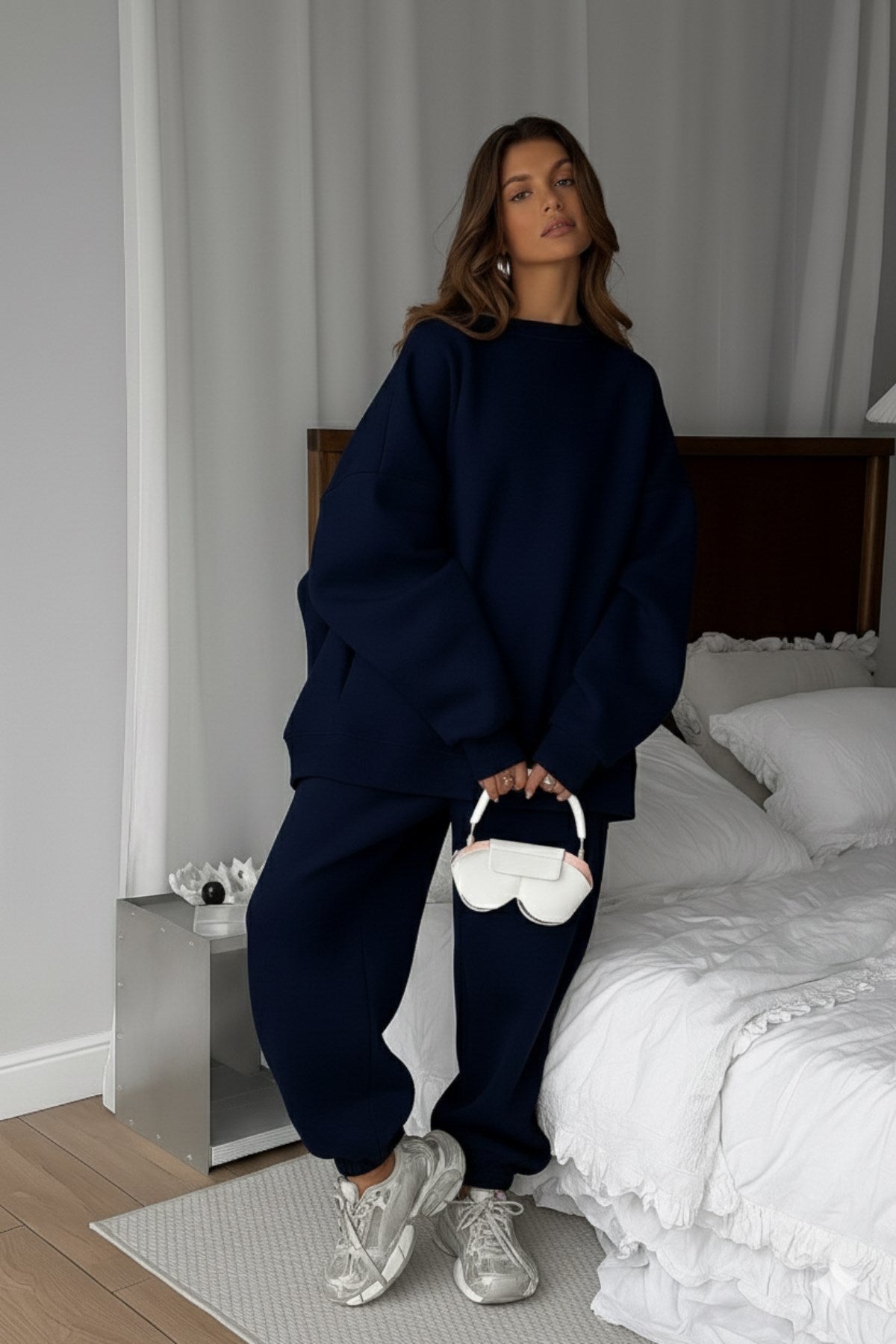 Kadın Oversize Sweat Elbise Eşofman Takımı Basic Lacivert – Bisiklet Yaka, Lastikli Paça, 3 İplik